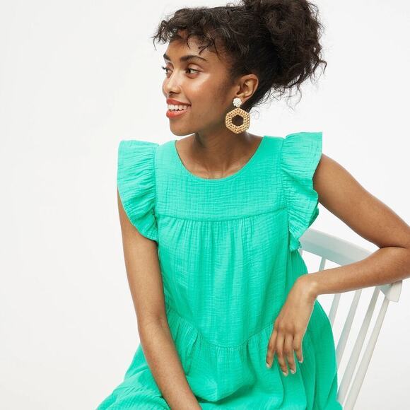 J. Crew Factory Dress Gauze Flutter Sleeve Tiered Mini Bright Seafoam  NWT 2 - Picture 4 of 11